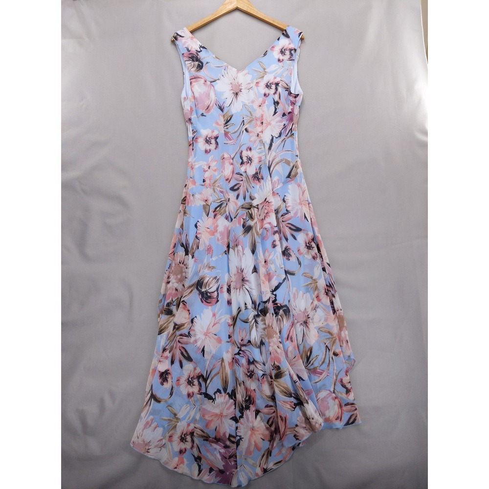 vtg Y2K Connected Apparel Floral Midi Dress Sz 12 Blue Pink Handkerchief Hem - Picture 6 of 9